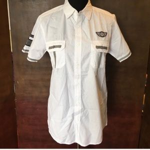 Black Jack Button Down Shirt with Patches, White